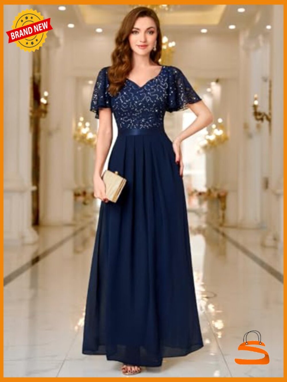 Retro V-Neck Ruffle Sleeve Sequined Lace Bridesmaid Party Maxi Dress - Picture 6 of 6